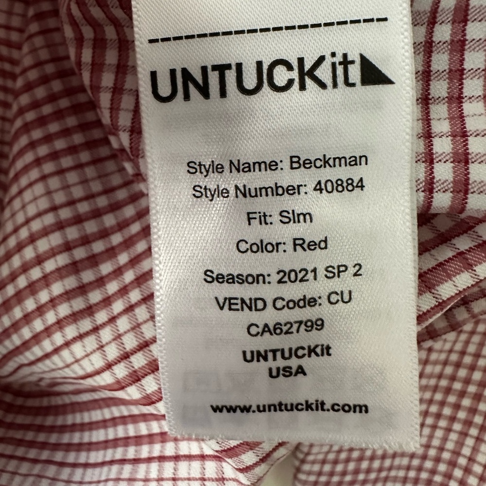 UNTUCKit Beckman Red Plaid Slim Fit Button Down, Size Small - Picture 3 of 11